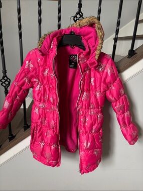 Girls' Hot Pink Star-Print Puffer Coat with Faux-Fur Hood